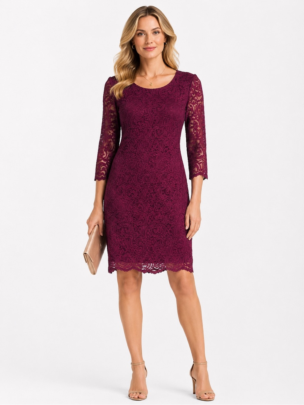 Garnet Hill Lace Sheath Dress 14 Burgundy 3/4 Sleeve Floral Scalloped Hem